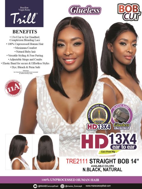 Mane Concept 100% Unprocessed Human Hair Trill 13x4 HD Glueless Lace Wig - TRE2111 STRAIGHT BOB 14"