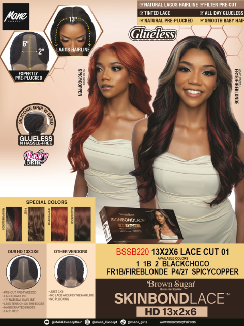 Mane Concept Brown Sugar Skin Bond Lace Glueless Wig HD 13x2x6 BSSB220 LACE CUT 01"