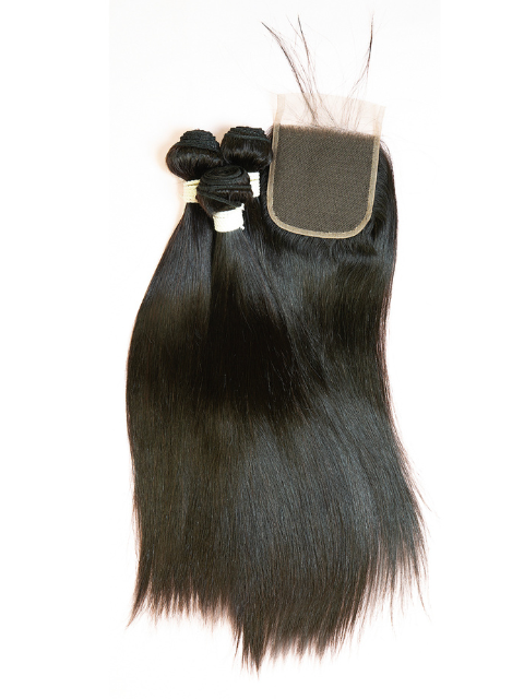 Janet Collection Melt Blue 100% Remy Human Hair NATURAL STRAIGHT Weave 3pcs + 4x5 Free Part Closure