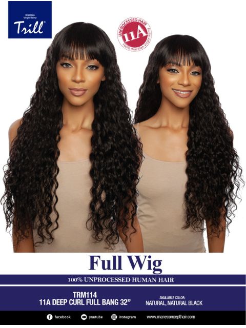 Mane Concept Trill 11A 100% Unprocessed Human Hair Full Wig - TRM114 DEEP CURL FULL BANG 32"