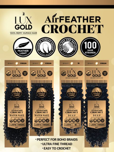 Harlem 125 Lux Gold 100% Remi Human Hair Air Feather Crochet Braid- (LAW18) WATER WAVE 18"