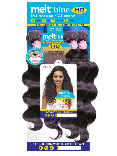 Janet Collection Melt Blue 100% Remy Human Hair NATURAL BODY Weave 3pcs + 4x5 Free Part Closure