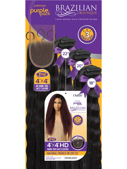 Outre Premium Purple Pack Brazilian Boutique Weave - NATURAL FRENCH 18" 20" 22" + 4x4 HD Lace Closure