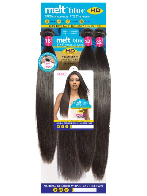 Janet Collection Melt Blue 100% Remy Human Hair NATURAL STRAIGHT Weave 3pcs + 4x5 Free Part Closure