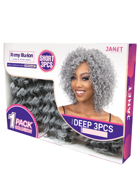 Janet Collection Remy Illusion Human Hair Blend Short Weave 3pcs - DEEP