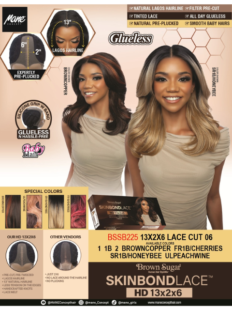 Mane Concept Brown Sugar Skin Bond Lace Glueless Wig HD 13x2x6 LACE CUT 06" (BSSB225)