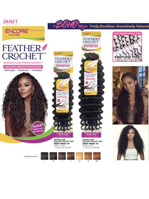 Janet Collection Human Hair Blend Encore Lavie Feather Crochet Knotless Braid Extension DEEP WAVE 14"-18"