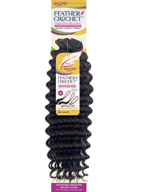 Janet Collection Human Hair Blend Encore Lavie Feather Crochet Knotless Braid Extension DEEP WAVE 14"-18"