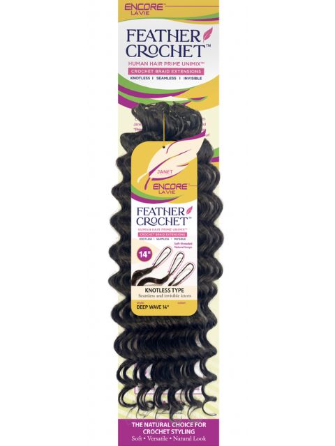 Janet Collection Human Hair Blend Encore Lavie Feather Crochet Knotless Braid Extension DEEP WAVE 14"-18"