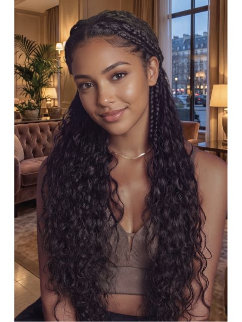 Janet Collection Human Hair Blend Encore Lavie Feather Crochet Knotless Braid Extension DEEP WAVE 14"-18"