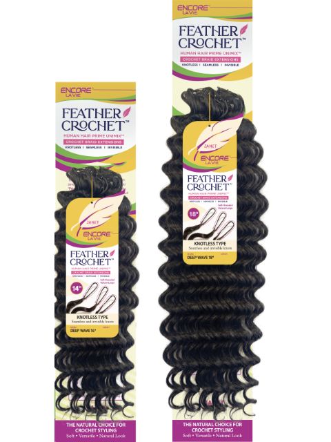 Janet Collection Human Hair Blend Encore Lavie Feather Crochet Knotless Braid Extension DEEP WAVE 14"-18"