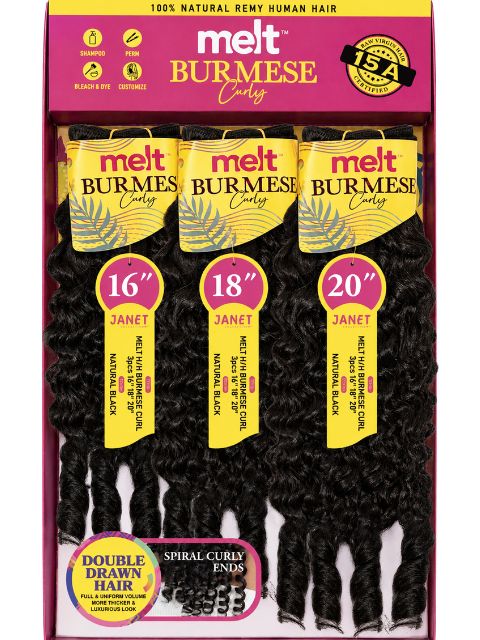 Janet Collection Melt Remy Human Hair BURMESE CURL 3PCS Bundles Double Drawn Hair Weave with Spiral Curly Ends