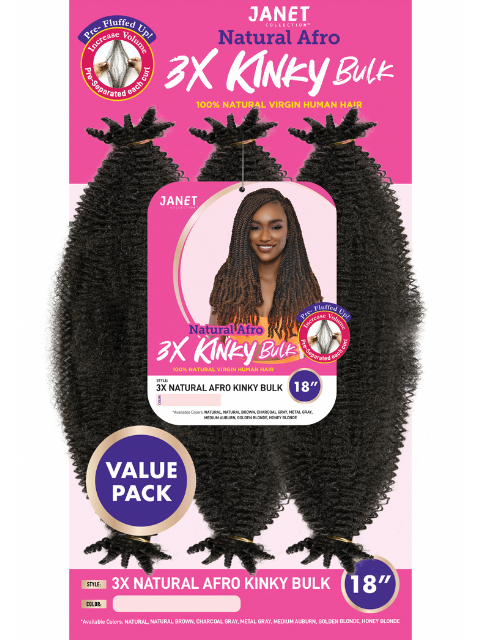 Janet Collection 100% Human Hair  Pre-Fluffed Natural Afro 3X Kinky Bulk 18"