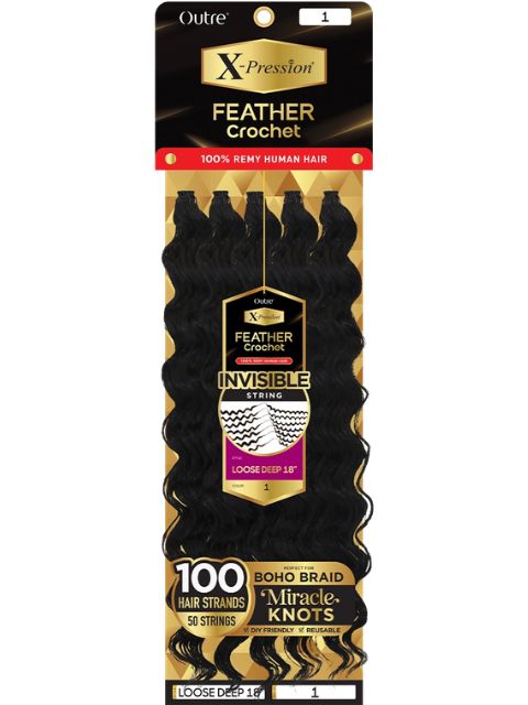 Outre X-Pression 100% Remy Human Hair Feather Crochet Braid(Pre-Loop)- LOOSE DEEP 18"