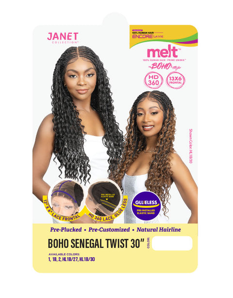 Janet Collection Melt  Human Hair  HD 360 with 13X6 Frontal Lace UNIMIX ENCORE LAVIE BOHO SENEGAL TWIST 30" Wig