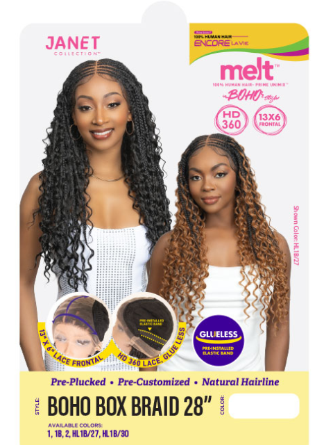 Janet Collection Melt  Human Hair  HD 360 with 13X6 Frontal Lace UNIMIX ENCORE LAVIE BOHO BOX BRAID 28" Wig