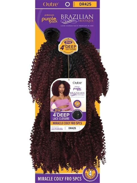 Outre Premium Purple Pack Brazilian Boutique Weave - MIRACLE COILY FRO 5PCS + 4" Deep Lace Closure