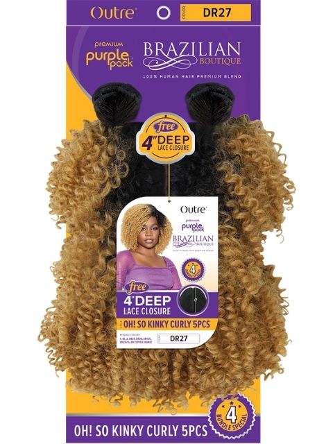 Outre Premium Purple Pack Brazilian Boutique Weave - OH SO KINKY CURLY 5PCS + 4" Deep Lace Closure