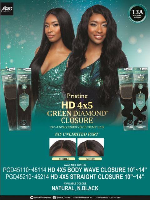 Mane Concept Pristine Green Diamond 100% Human Hair HD 4x5 STRAIGHT Closure- (PGD45210-45214)