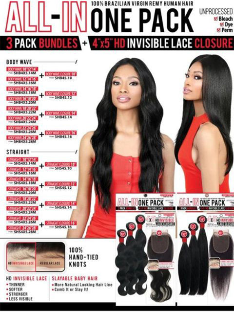 Seduction 100% Human Hair 3X Bundle 4"x5" HD Closure STRAIGHT" (SHS4X5)