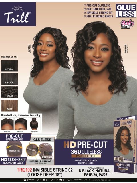 Mane Concept Trill 100% Unprocessed Human Hair HD Pre-Cut Lace Wig- TRI2102 INVISIBLE STRING 03"(LOOSE DEEP 18)