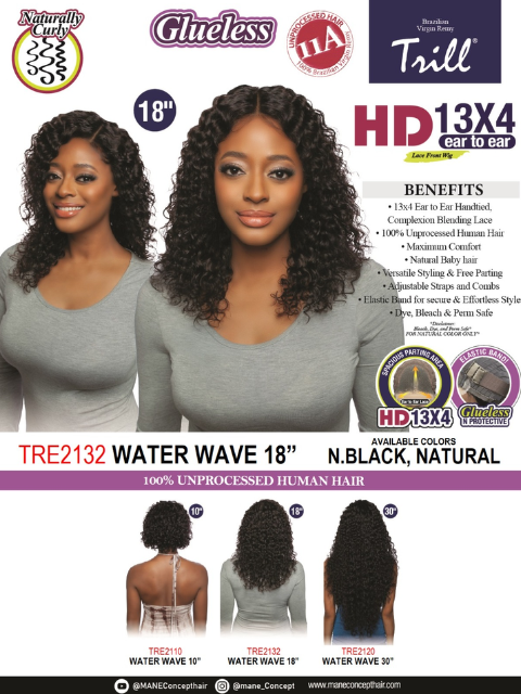 Mane Concept 100% Unprocessed Human Hair Trill 13x4 HD GluelessMane Concept 11A 100% Unprocessed Human Hair Trill 13x4 HD Glueless TRE2132 WATER WAVE 18"Lace Wig