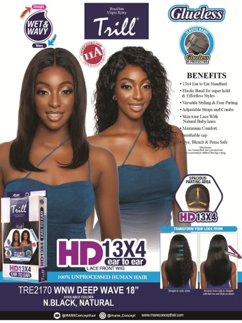 Mane Concept 100% Unprocessed Human Hair Trill 13x4 HD Glueless Lace Wig WNW DEEP WAVE" (TRE2169-TRE2170)-