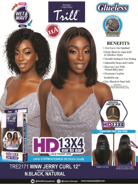 Mane Concept 100% Unprocessed Human Hair Trill 13x4 HD Glueless Lace Wig WNW JERRY CURL" (TRE2171-TRE2172)