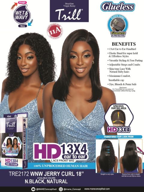 Mane Concept 100% Unprocessed Human Hair Trill 13x4 HD Glueless Lace Wig WNW JERRY CURL" (TRE2171-TRE2172)