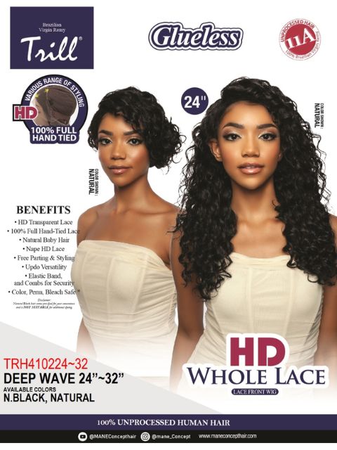 Mane Concept 100% Unprocessed Human Hair Trill Glueless HD Whole Lace Wig - DEEP WAVE 24"-32"