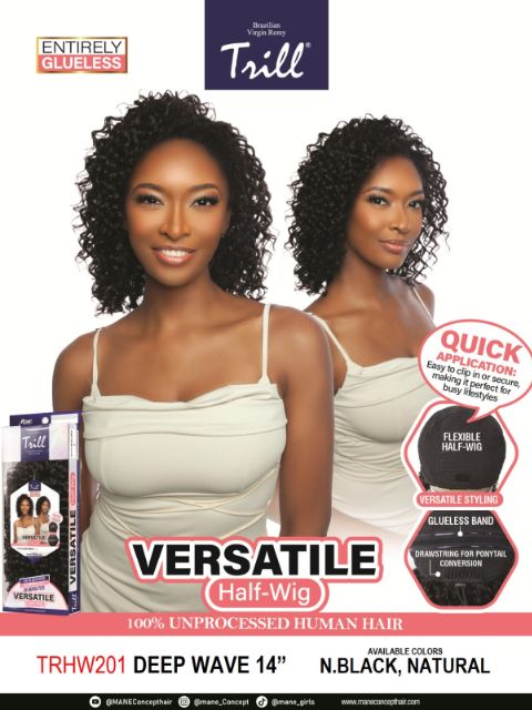 Mane Concept 100% Unprocessed Human Hair Trill Glueless Versatile Half Wig-DEEP WAVE " (TRHW201-202)