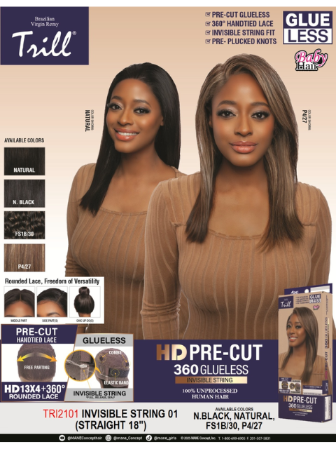 Mane Concept Trill 100% Unprocessed Human Hair HD Pre-Cut Lace Wig- (STRAIGHT 18)INVISIBLE STRING 01 (TRI2101 )
