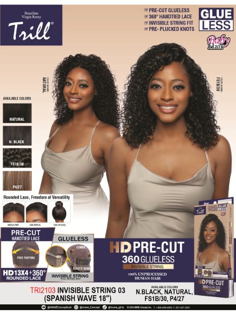Mane Concept Trill 100% Unprocessed Human Hair HD Pre-Cut Lace Wig- TRI2103 INVISIBLE STRING 03" (SPANISH WAVE 18)