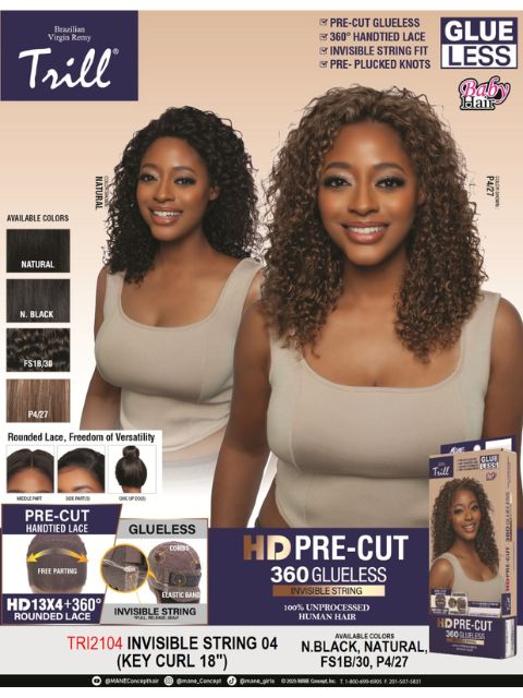 Mane Concept Trill 100% Unprocessed Human Hair HD Pre-Cut Lace Wig-TRI2104 INVISIBLE STRING 04"  (KEY CURL 18)