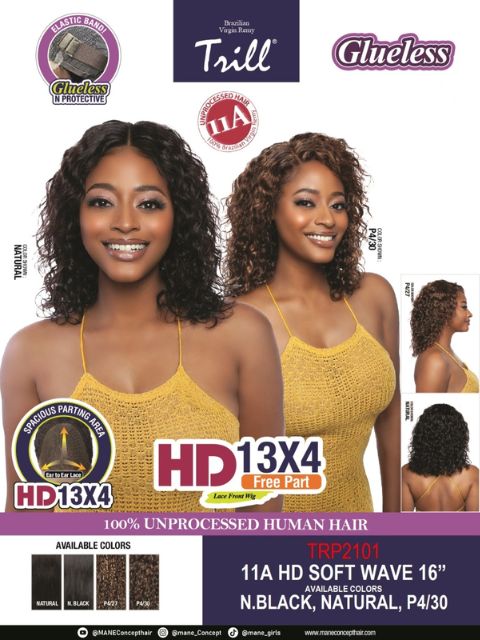 Mane Concept 100% Unprocessed Human Hair Trill HD 13x4 Free Part Lace Front Wig -(TRP2101) 11A HD SOFT WAVE 16"