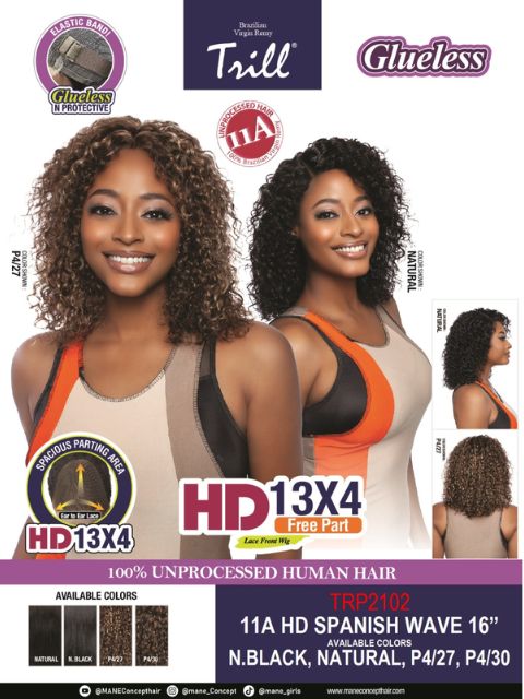 Mane Concept 100% Unprocessed Human Hair Trill HD 13x4 Free Part Lace Front Wig -(TRP2102) 11A HD SPANISH WAVE 16"