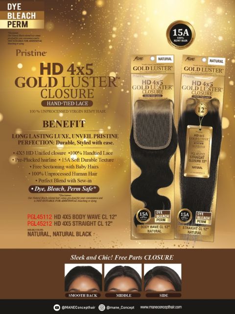 Mane Concept Pristine Gold Luster 100% Unprocessed  Human Hair HD 4x5 STRAIGHT CLOSURE" (PGL45210-14)