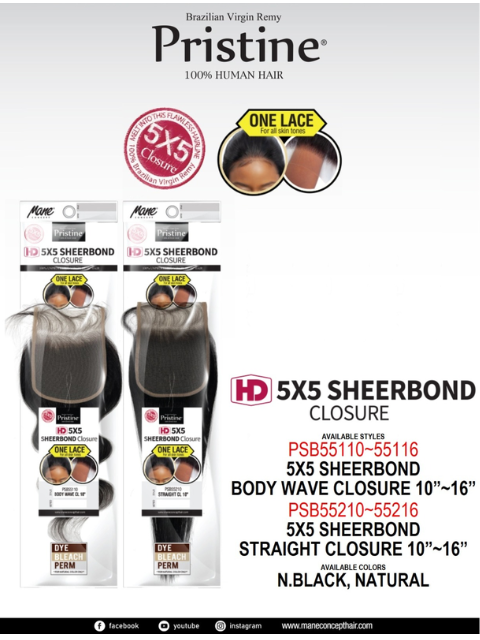 Mane Concept Pristine 100% Human Hair HD 5x5 SheerBond Closure- BODY WAVE 10"-16"(PSB55110-55116)