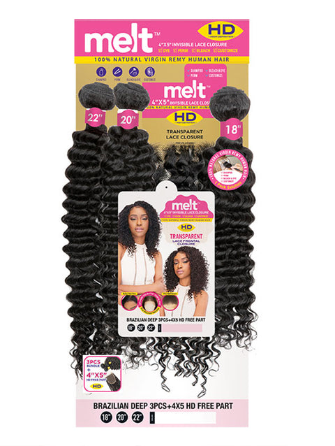 Janet Collection Melt 100% Virgin Human Hair BRAZILIAN DEEP Weave 3pcs + 4x5 HD Closure